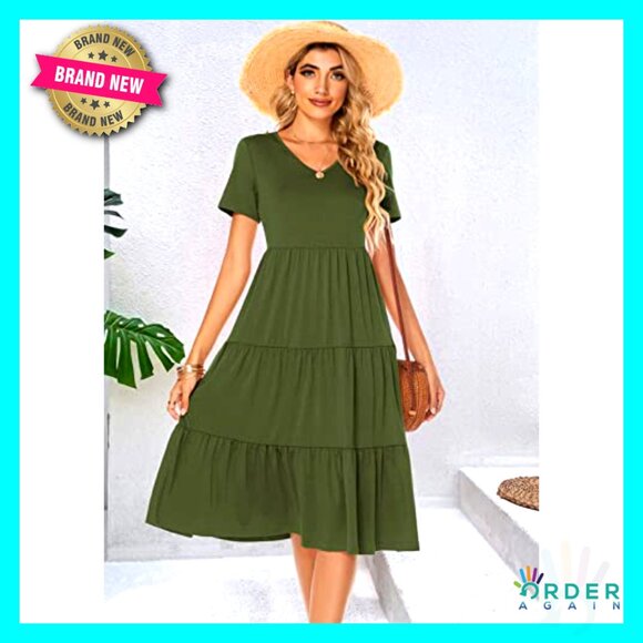 Tiered Midi Dress Loose Fit V-Neck Cotton Boho Summer Casual Sundress - Picture 6 of 7